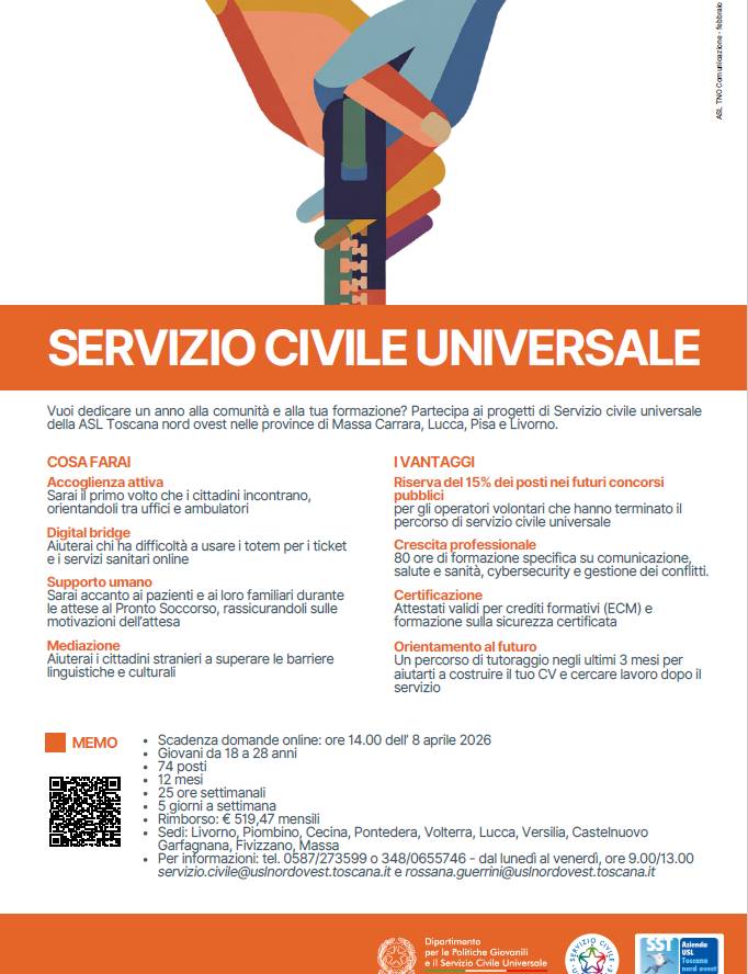 74 posti per Volontari Servizio Civile Universale presso USL Toscana nord ovest 
