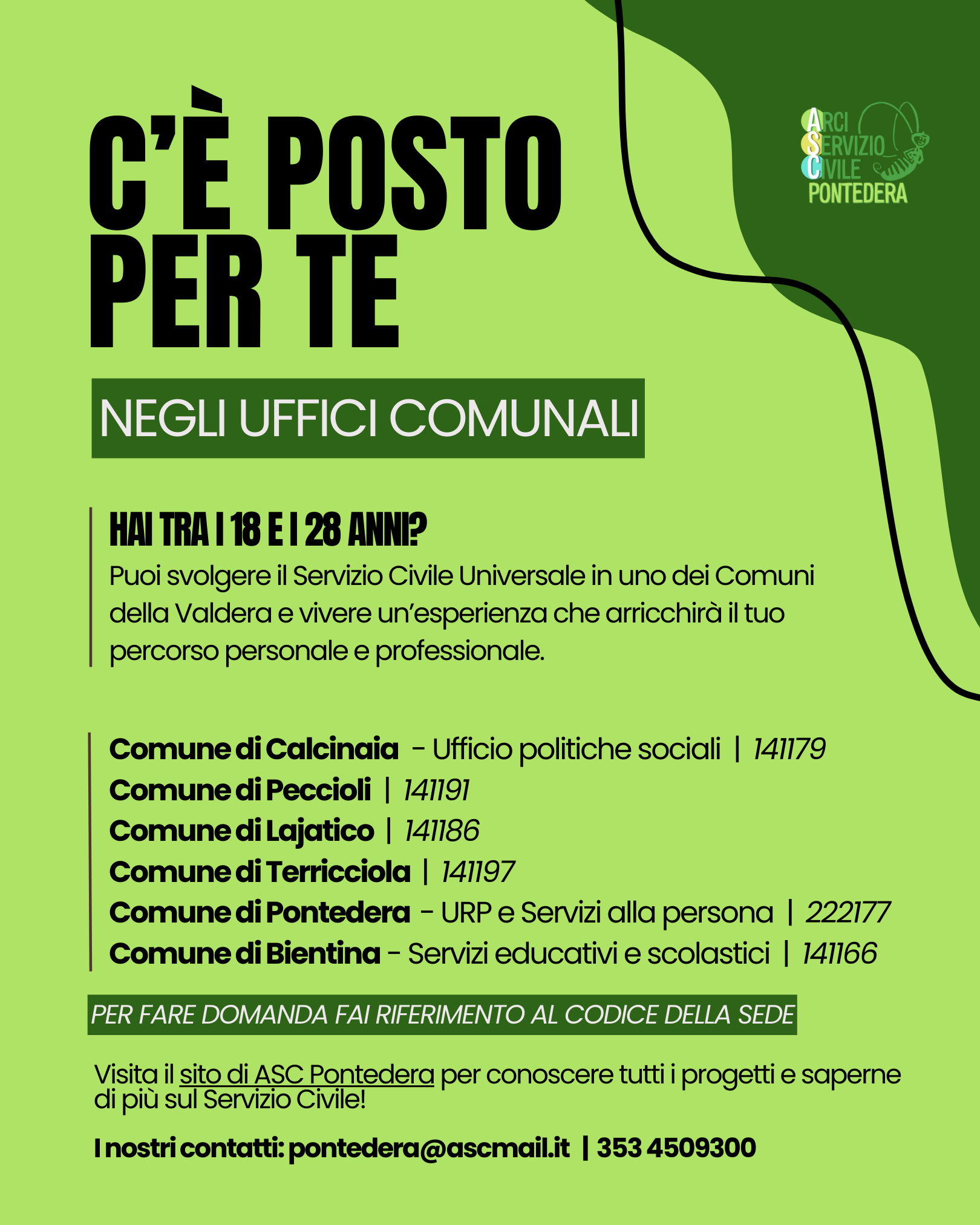 BANDO DI SERVIZIO CIVILE UNIVERSALE - Comune di Pontedera - Progetto Comuni