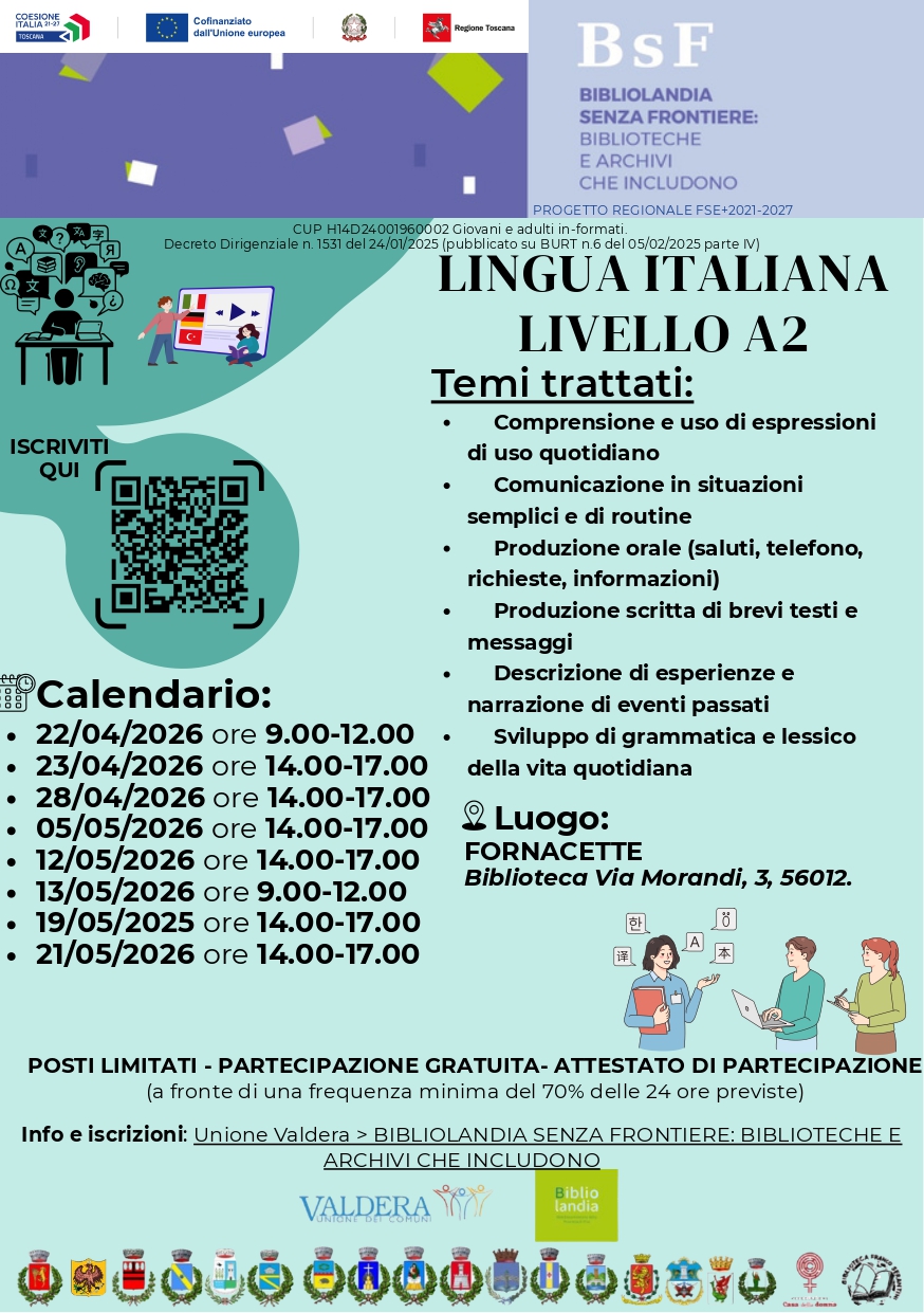 Corso gratuito Lingua Italiana Livello A2 - Fornacette