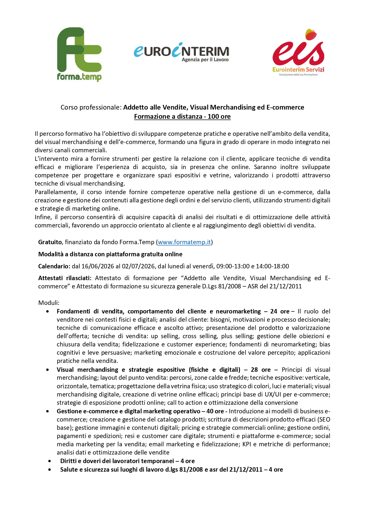 Corso gratuito Addett* alle Vendite, Visual Merchandising ed E-commerce