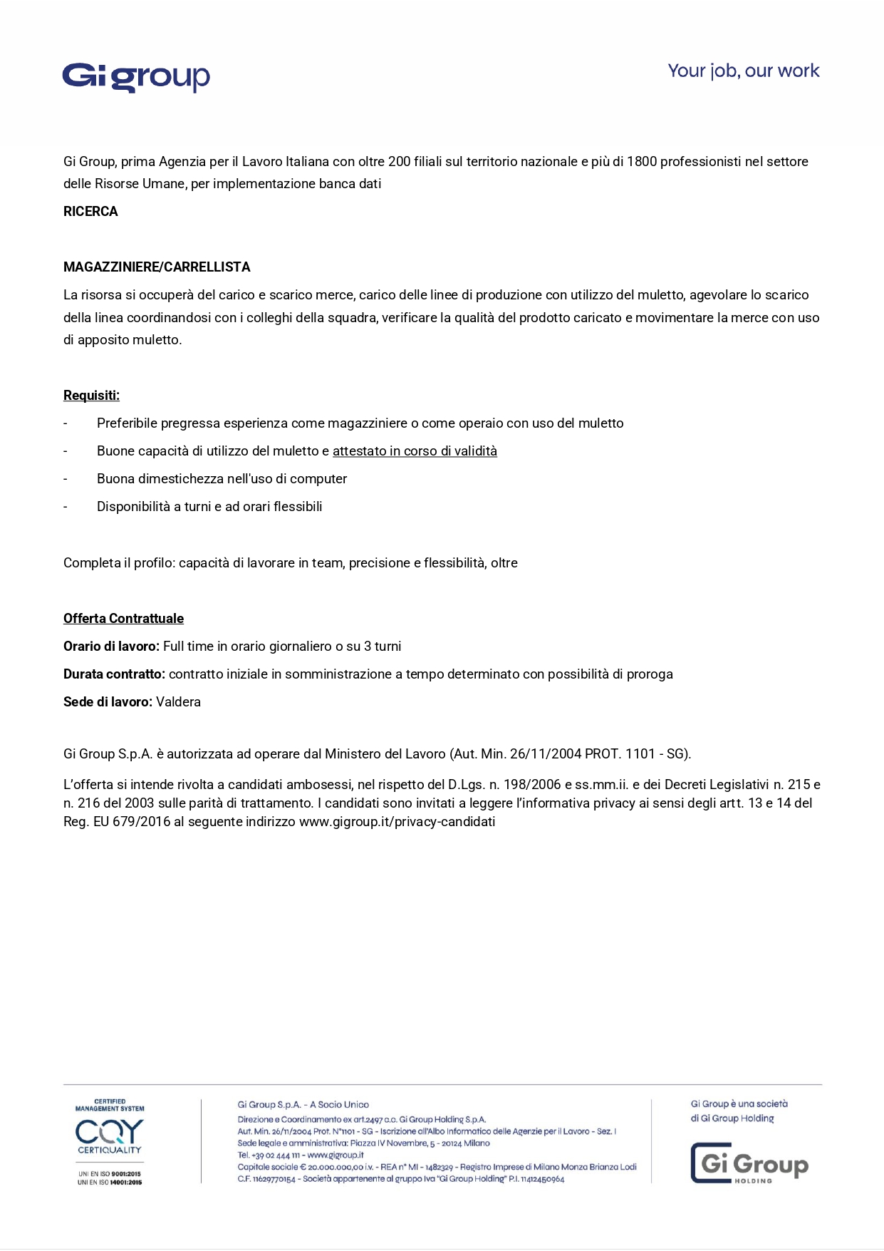 🔹 Magazziniere / Carrellista Gigroup Pontedera