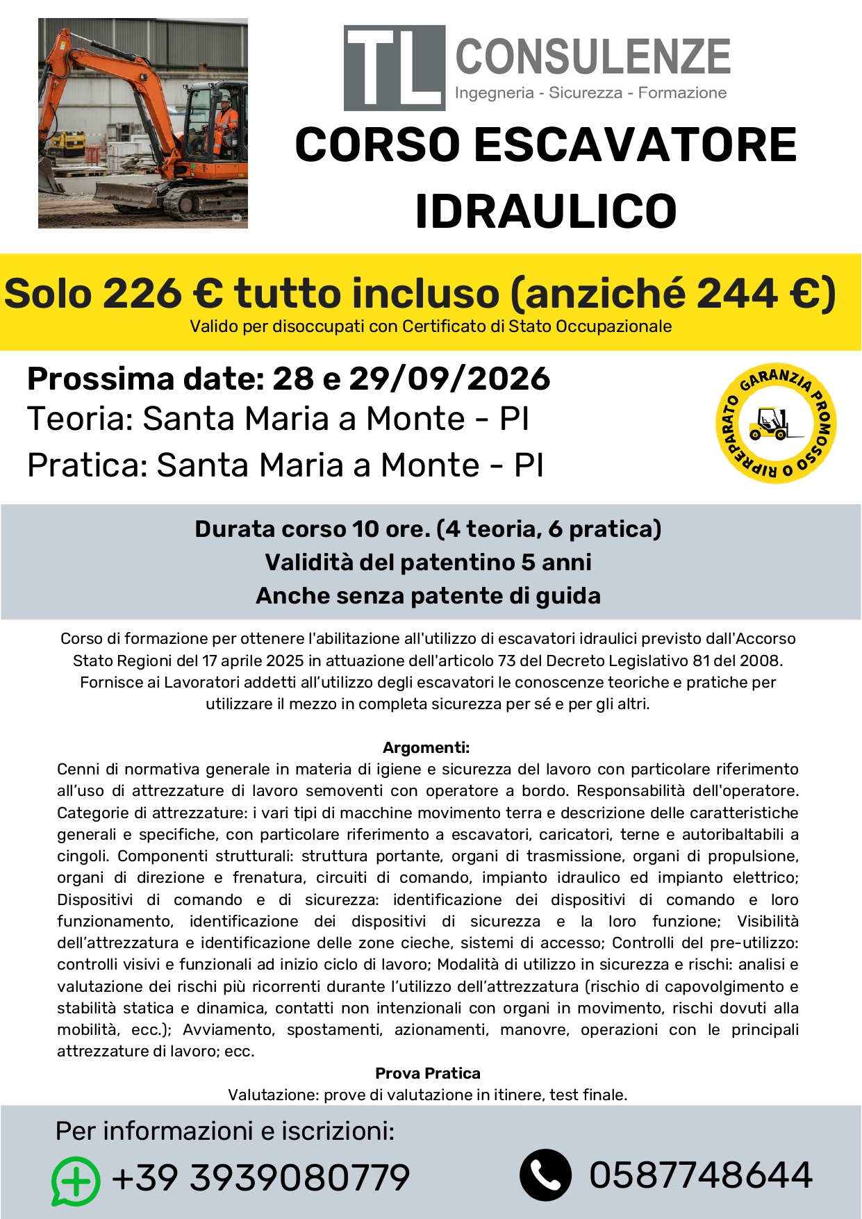 Corso Macchine Movimento Terra (Escavatore Idraulico)