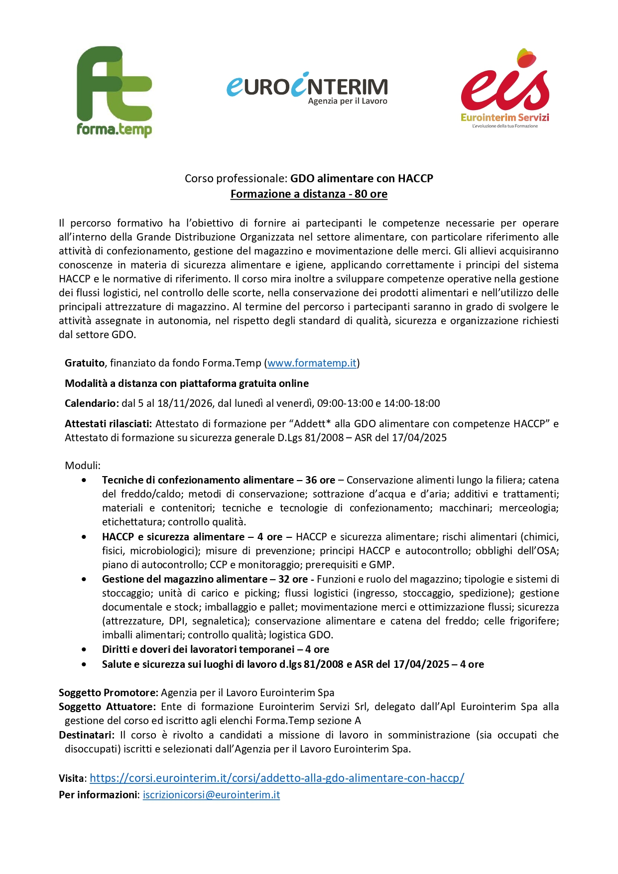 Addett* alla GDO alimentare con HACCP- 80 ore