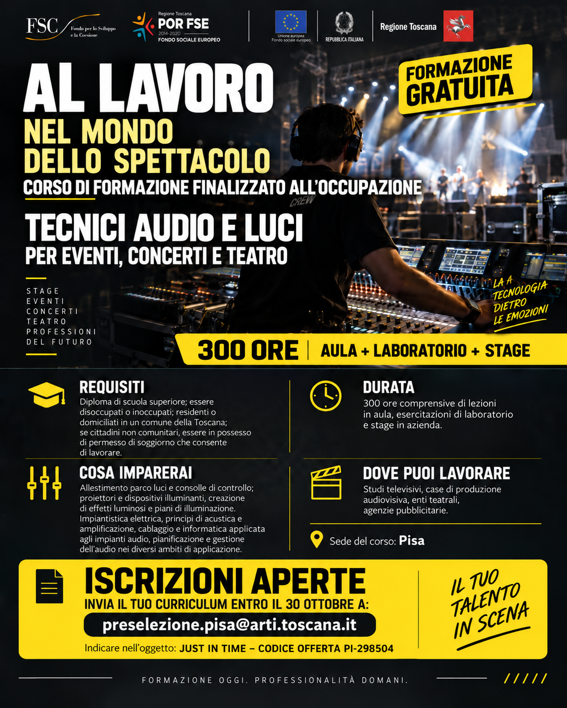 CORSO GRATUITO - Tecniche Audio e Luci per eventi, concerti e teatro